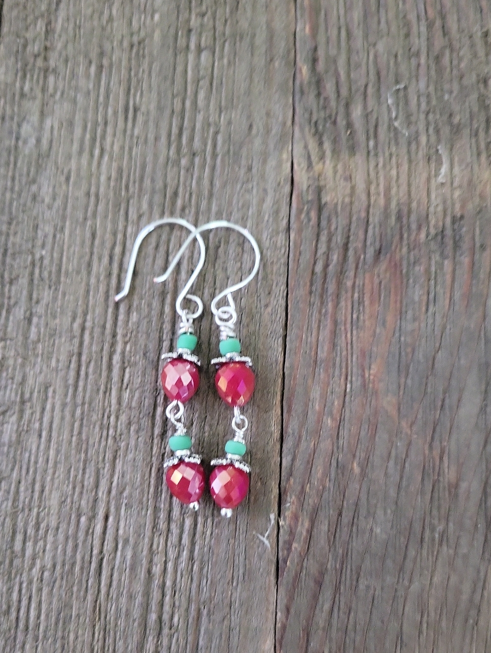 Whimsical Faceted Red and Green Strawberry Drop Earrings